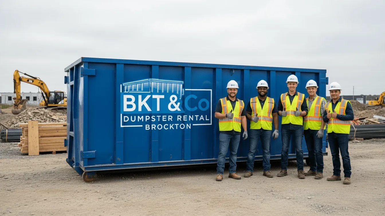 Roll-off dumpster on a residential construction site near Brockton, MA