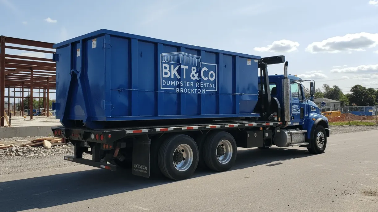 Driveway protection during dumpster delivery in Brockton — protection boards under the container rails