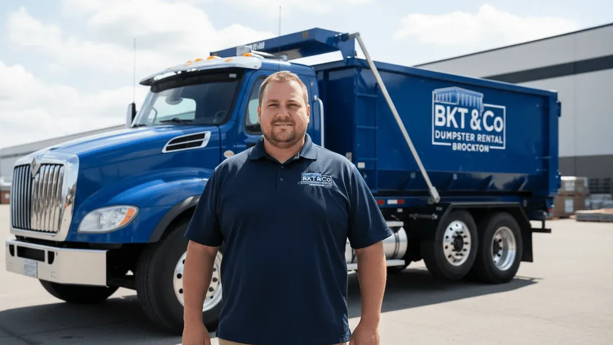 Dumpster rental cost in Brockton, Massachusetts — driver going over a flat-rate quote with a customer