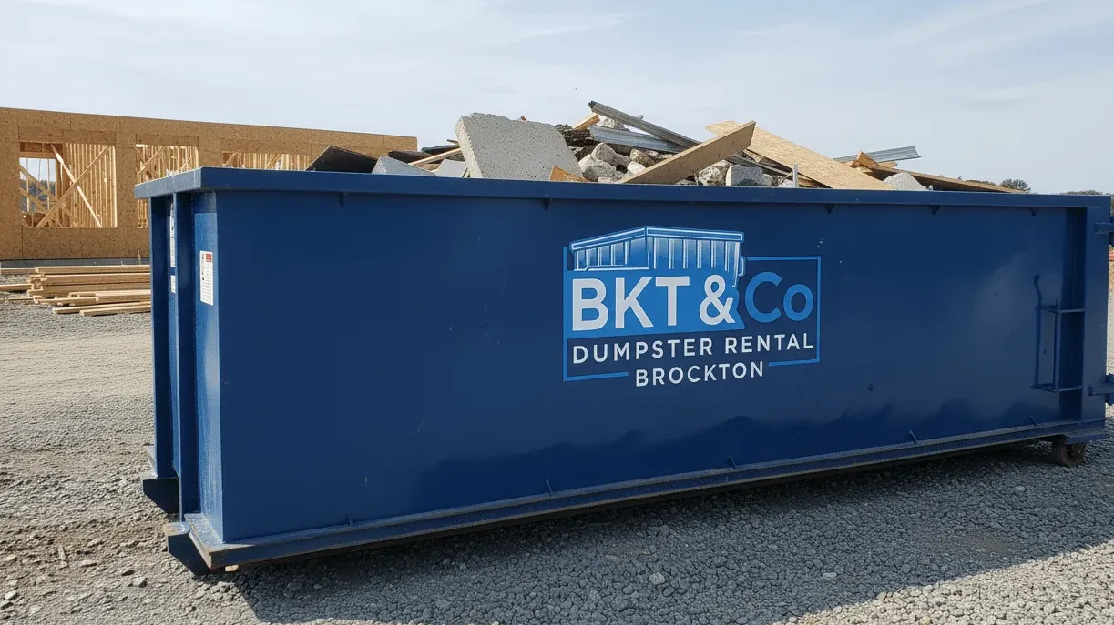 Estate cleanout checklist for Brockton, Massachusetts — roll-off container outside a long-held family home