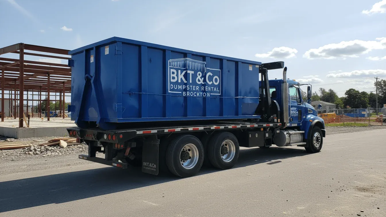 Roll-off truck delivering a 30 yard dumpster on a residential street in Brockton, MA