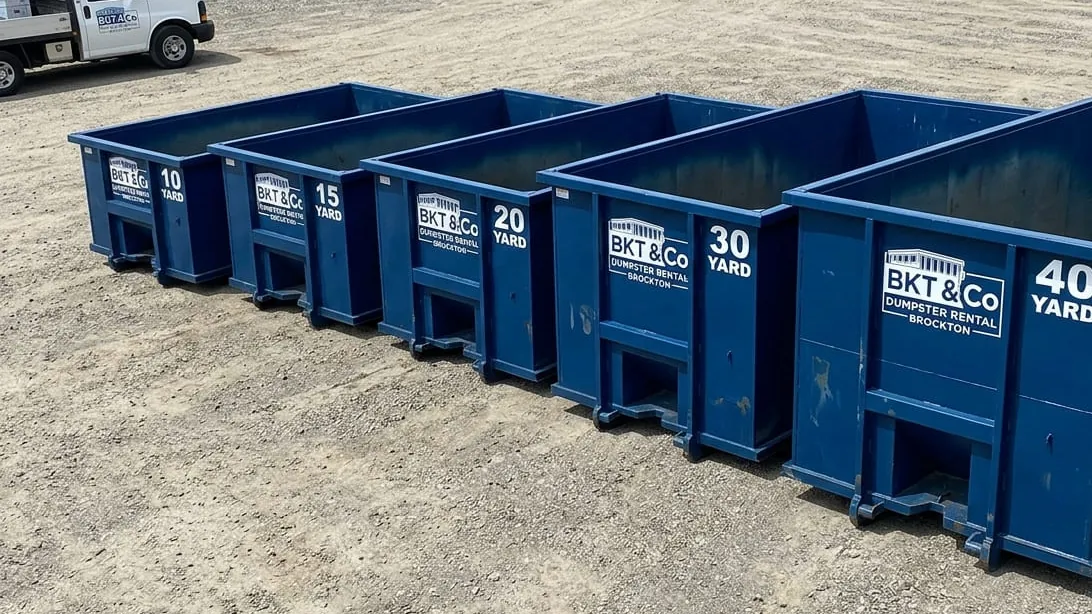 What size dumpster do I need in Brockton — roll-off containers lined up by size at the Montello Street yard